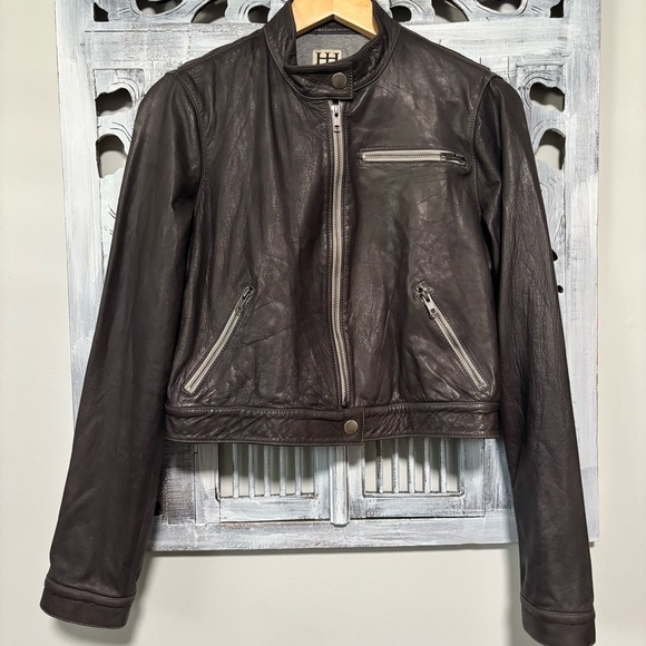 Haute Hippe Dark Gray Leather Crop Moto Full Zip Jacket - Picture 1 of 11